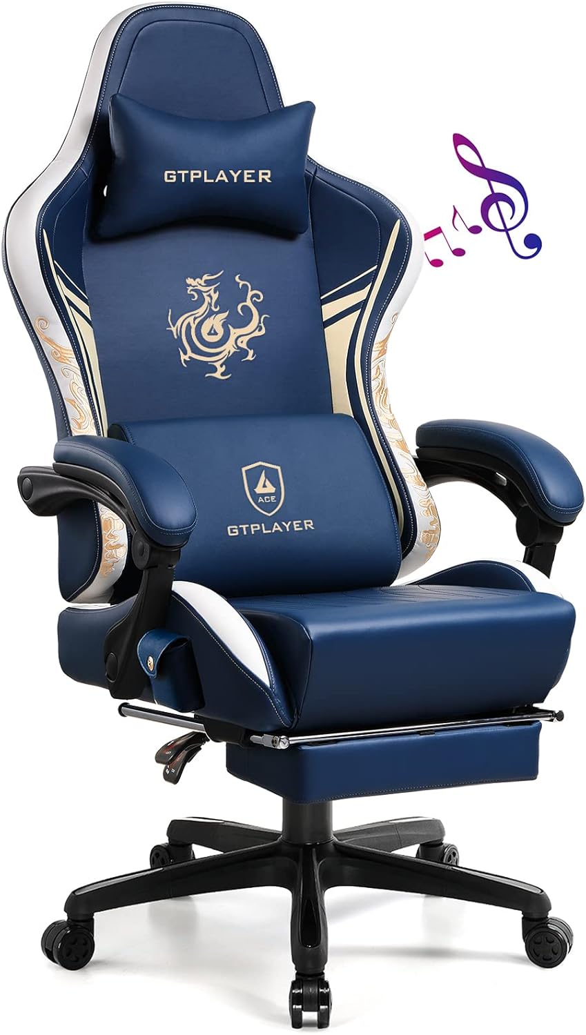 GTPLAYER Gaming Chair with Bluetooth Speakers and Footrest, Dragon Series Video Game Chair ，Heavy Duty, Ergonomic, Esports Computer Office Chair Blue (Royal Blue)