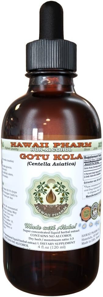 Gotu Kola Alcohol-Free Liquid Extract, Organic Gotu Kola (Centella Asiatica) Dried Leaf Glycerite Hawaii Pharm Natural Herbal Supplement 2 oz