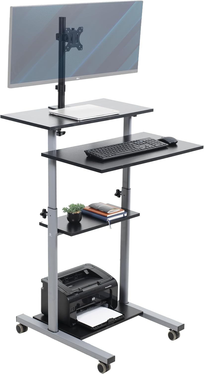 TechOrbits Mobile 28 inch Computer Workstation with Single Monitor Mount for up to 38 inch Screens, Adjustable Rolling Compact Desk Cart with Wheels, Black, of-WS-KIT