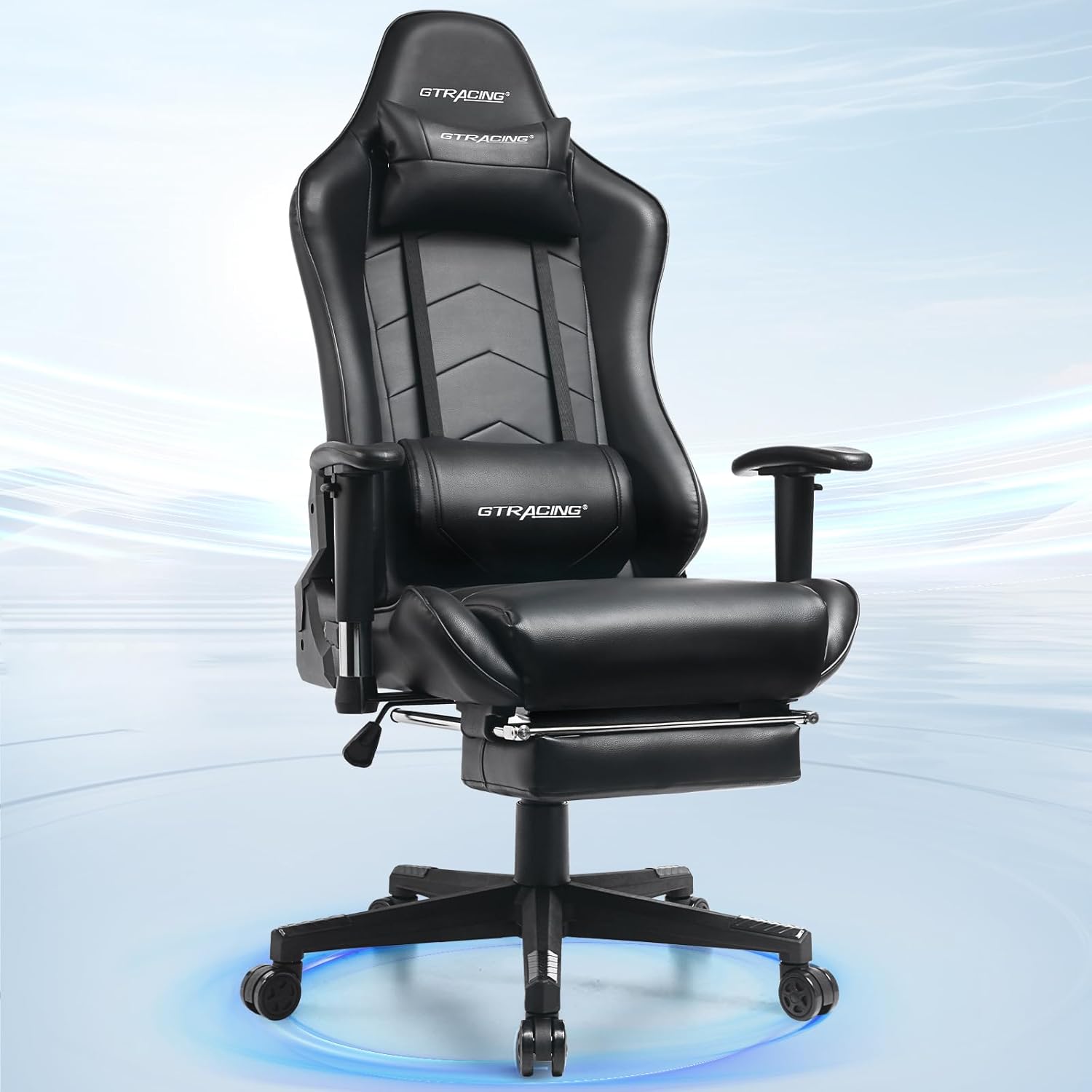 GTRACING Gaming Chair with Footrest, Racing Style Computer Chair for Adult, Adjustable Reclining Backrest and Lumbar Support, Stylish High Back Chair for Gaming and Office (Black)