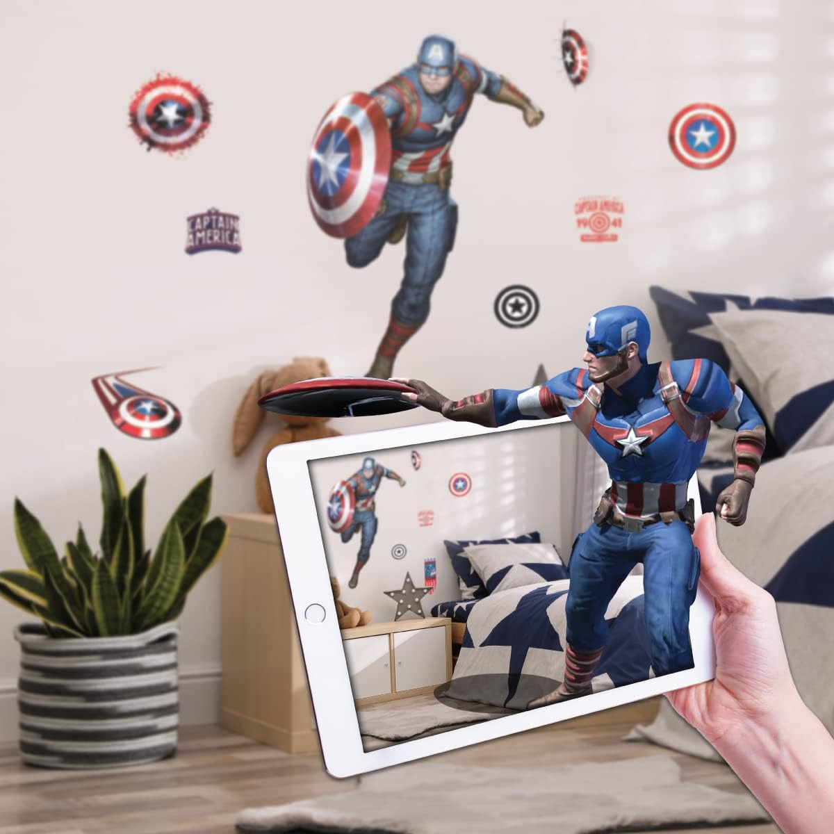 Wall Palz Marvel Captain America Wall Decals – 27″ Augmented Reality Avengers Captain America Bedroom Wall Decor Peel and Stick Vinyl Wall Stickers