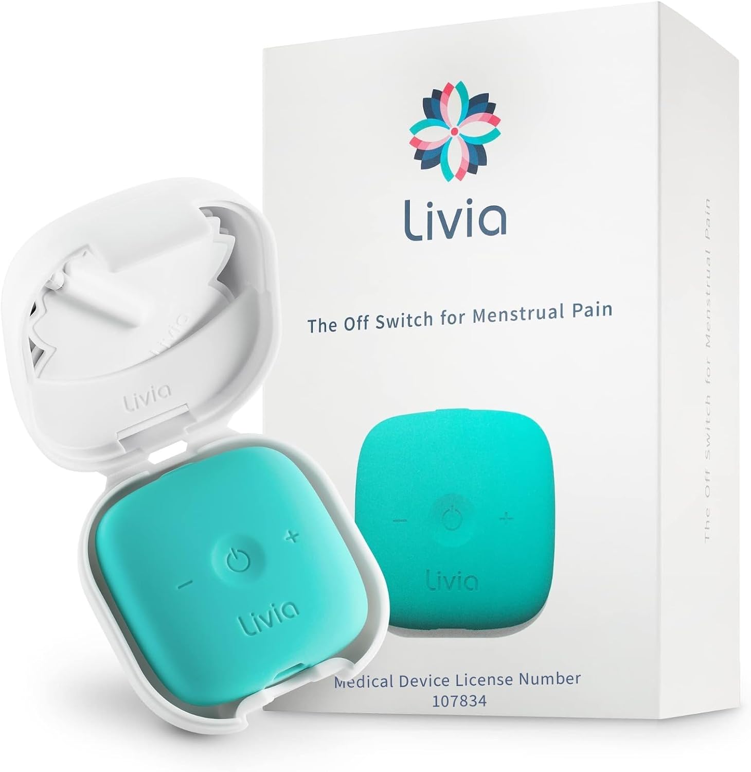 Livia Menstrual Pain Relief Device, Blue – Green – Period Pain Off Switch – Portable and Travel-Ready with Stick-on Gel Pads for Cramps – Rechargeable, 12-Hour Battery Life – Complete Kit