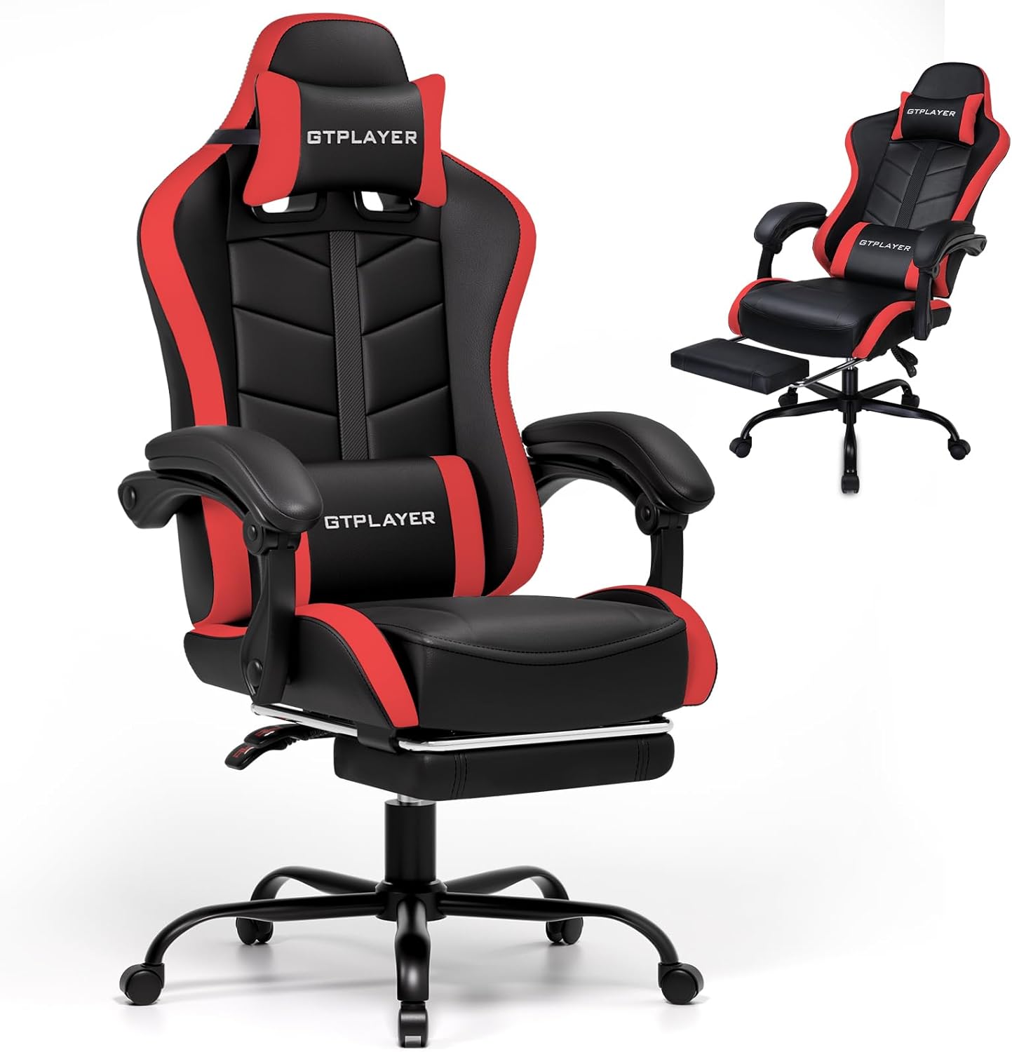 GTPLAYER Gaming Chair with Footrest, Computer Gaming Chair for Adults and Kids, Height Adjustable Gamer Chair with 90-155° Recline & Removable Headrest Lumbar Support (Black-Red)