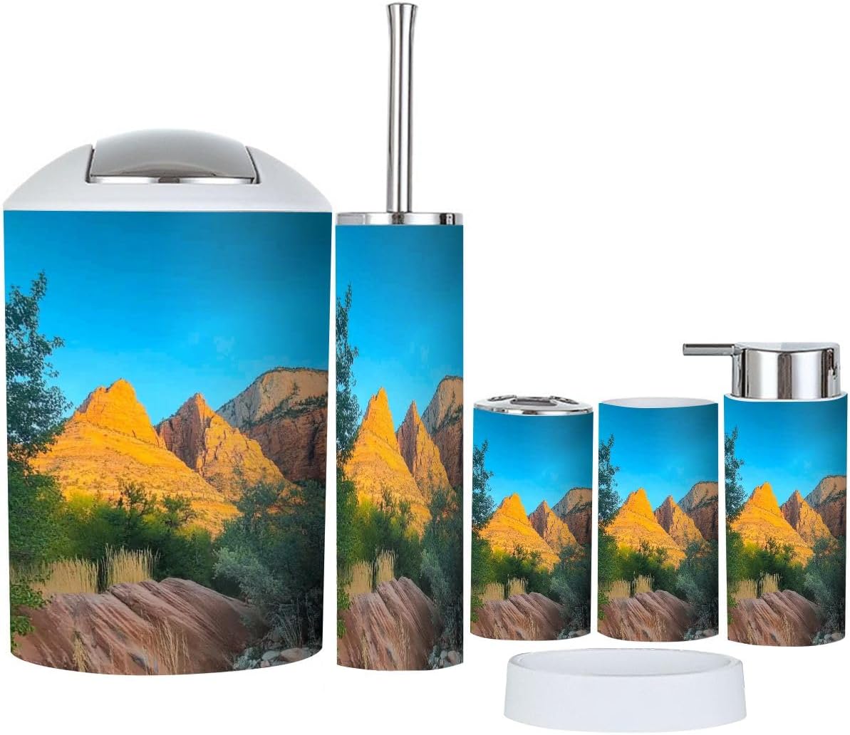 Bathroom Accessory Set 6 Piece Zion National Park Panoramic View Toothbrush Holder, Toothbrush Cup, Soap Dispenser, Soap Dish, Toilet Brush Holder, Trash can