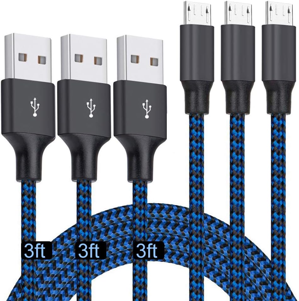 Micro USB Cable 3ft, 3Pack 3FT Nylon Braided High Speed Micro USB Charging and Sync Cables Android Charger Cord Compatible Samsung Galaxy S7 Edge/S6/S5/S4,Note 5/4/3,LG,Tablet and More(Blue)