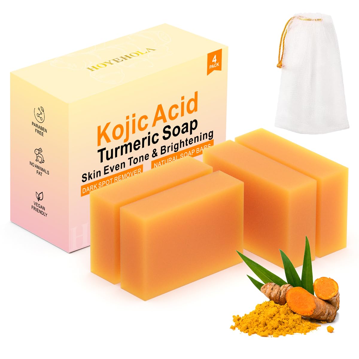 Kojic Acid Turmeric Soap Bar – Dark Spot Remover for Face Even Skin Tone, Moisturizing & Nourishing Natural Ingredients 4Pack