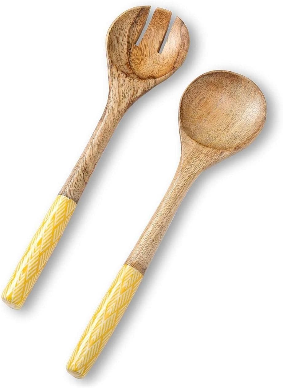 Folkulture Salad Servers or Salad Tongs, Wooden Utensils for Serving Salad, 12-inch Spoon and Fork Set, Mango Wood, Yellow Servers