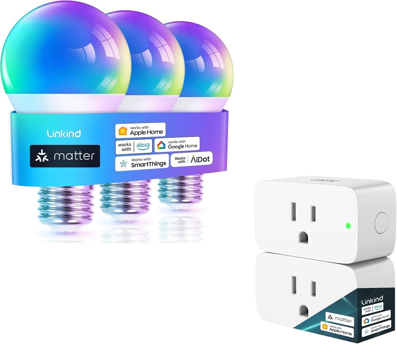 Linkind Matter WiFi Smart Light Bulbs Matter Smart Plug, Work with Apple Home, Siri, Alexa, Google Home, SmartThings