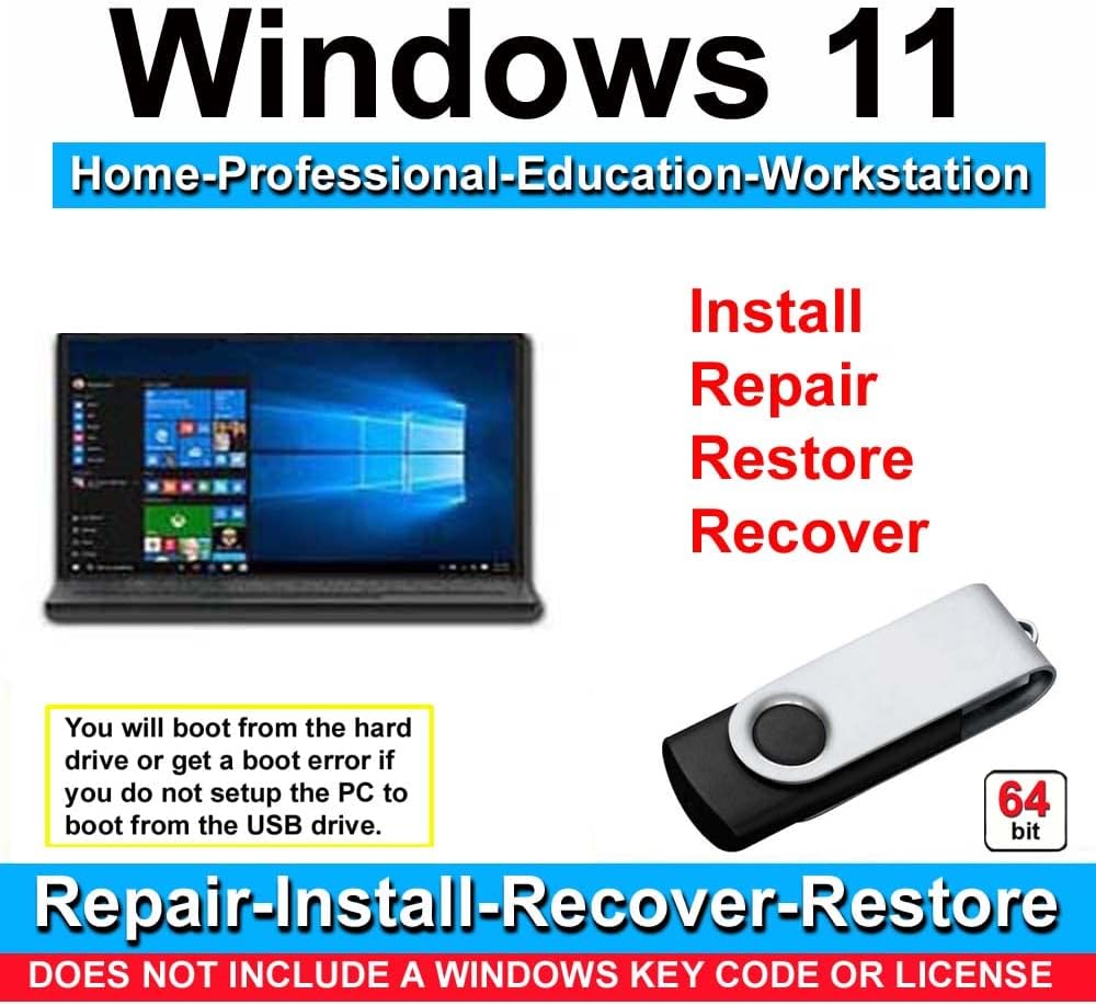 Compatible Windows 11 Home, Professional, Education, Workstation 64 Bit Repair, Install, Recover & Restore USB Flash Drive- For UEFI Bios