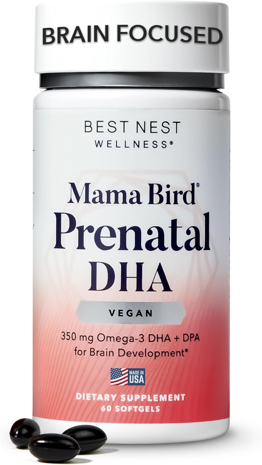 Best Nest Wellness Mama Bird Vegan Prenatal DHA Vitamin, 350 mg, Algae Omega 3 Supplements, Supports Baby’s Brain & Eyes, Easy to Swallow Softgels, 60 Ct