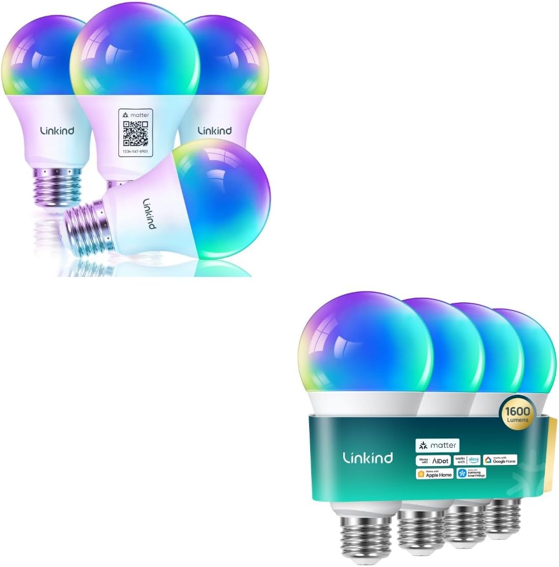 Linkind Matter Smart Light Bulbs 1600LM (100W Equivalent) 4Pack Bundle Matter Smart Light Bulbs 800LM (60W Equivalent) 4Pack (Work with Alexa/Apple Home/Siri/Google Home/SmartThings)