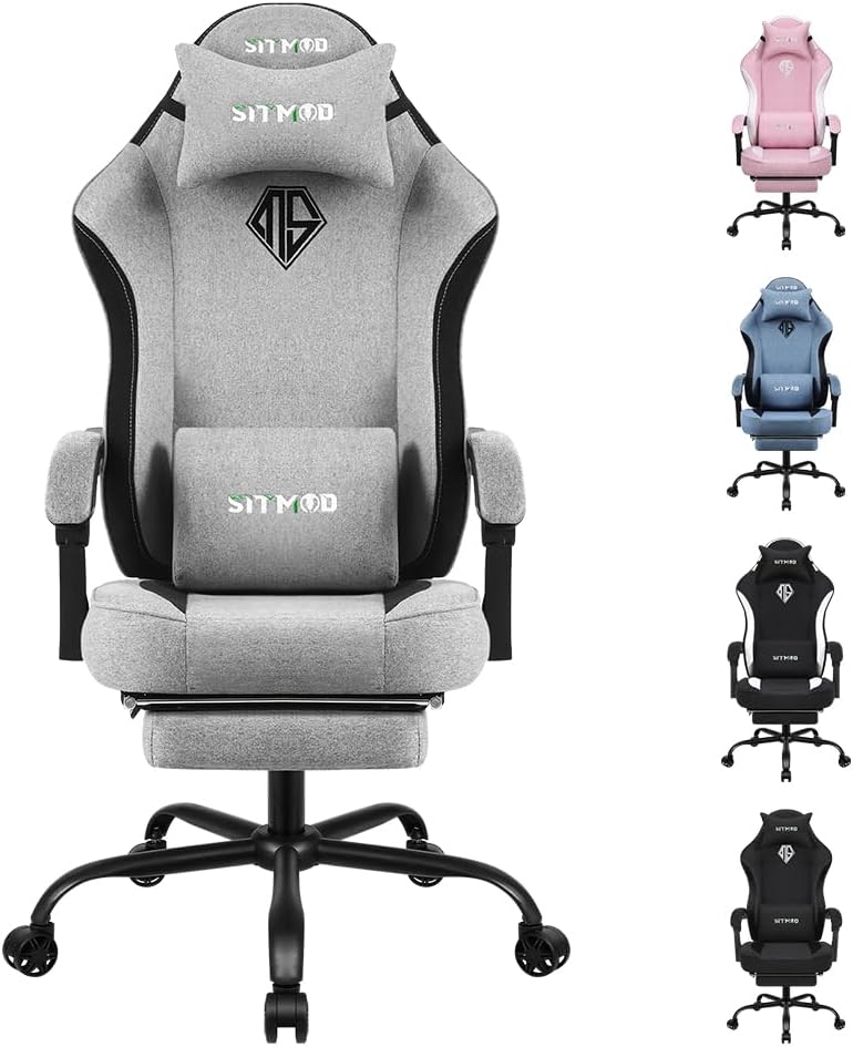 Gaming Chair, Computer Office Chair with Pocket Spring Cushion, Linkage Armrests and Footrest Breathable Fabric Gamer Chair Lumbar Support Swivel Game Chair for Office Gaming 300LBS