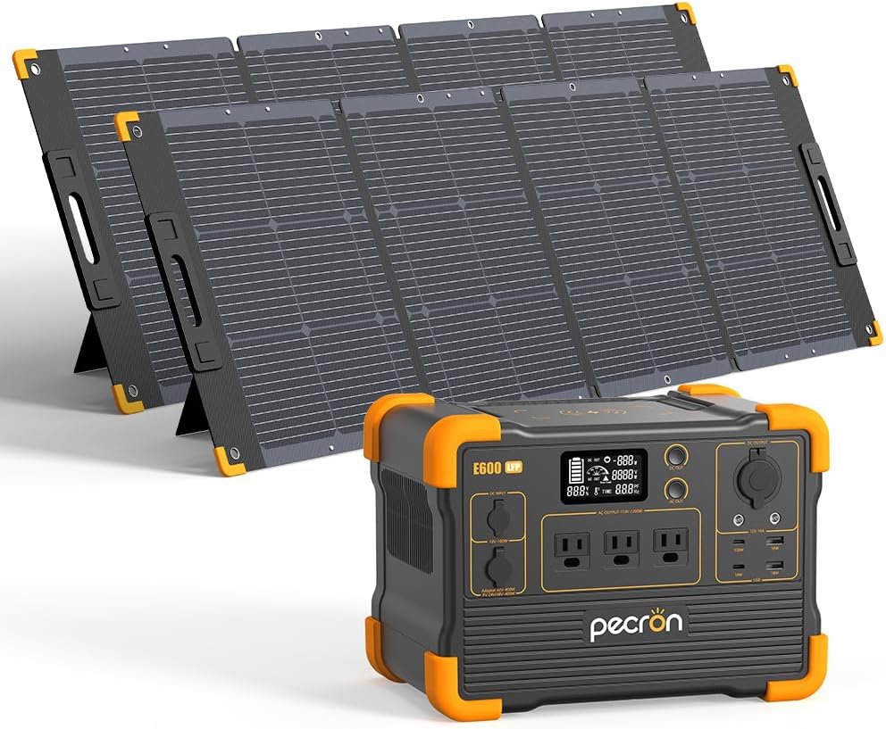 pecron Portable Power Station E600LFP with 2x200W Solar Panels, 614Wh Solar Generator with 3X1200W AC Outlets, LiFePO4 Battery Backup for Outdoor, Camping, Emergency