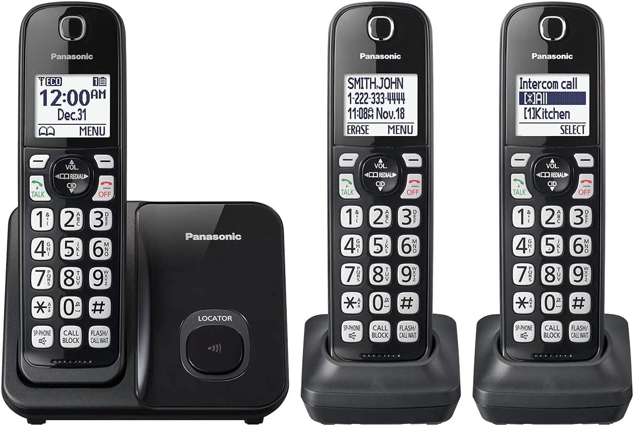 Panasonic Cordless Phone System, Expandable Home Phone with Call Blocking, Bilingual Caller ID and High-Contrast Display, 3 Handset – KX-TGD613B (Black)