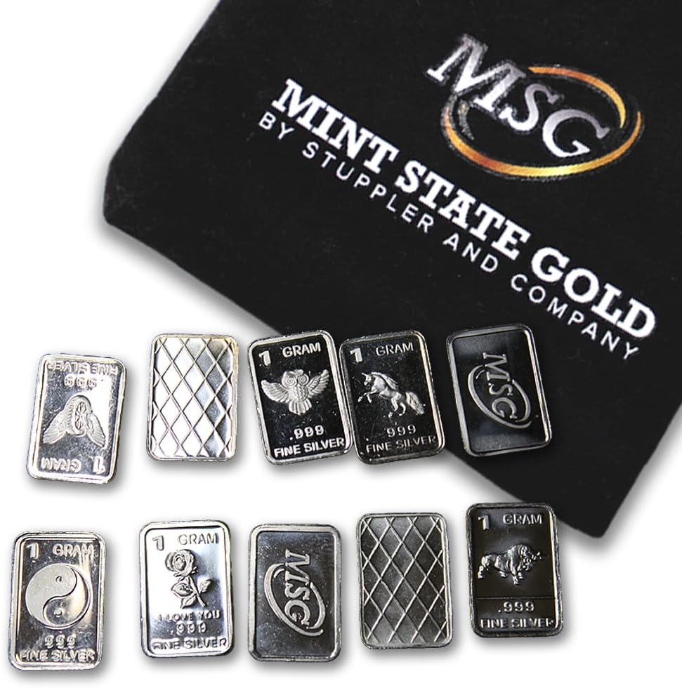 TEN One Gram .999 pure Silver Bars with random designs in a jewelry pouch (Original Version)