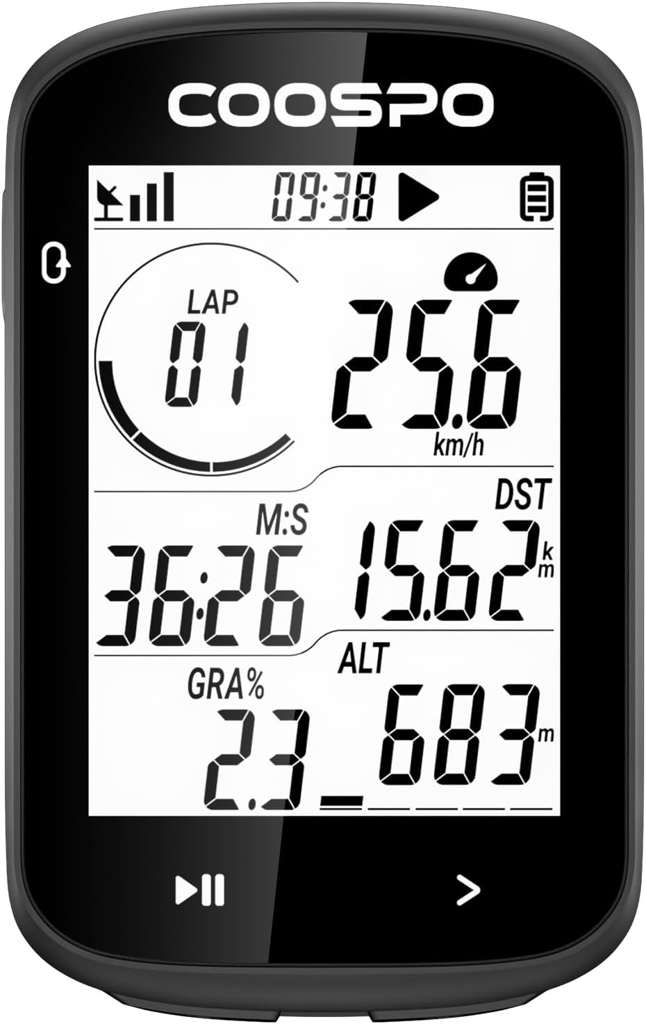 COOSPO CS300 GPS Bike Computer, 2.6 inches Huge Screen Wireless Cycling Computer, Bluetooth ANT+ Sensor Support Bicycle Speedometer with Automatic Backlight, IPX7 Waterproof, 40 Hr Battery Life, Black