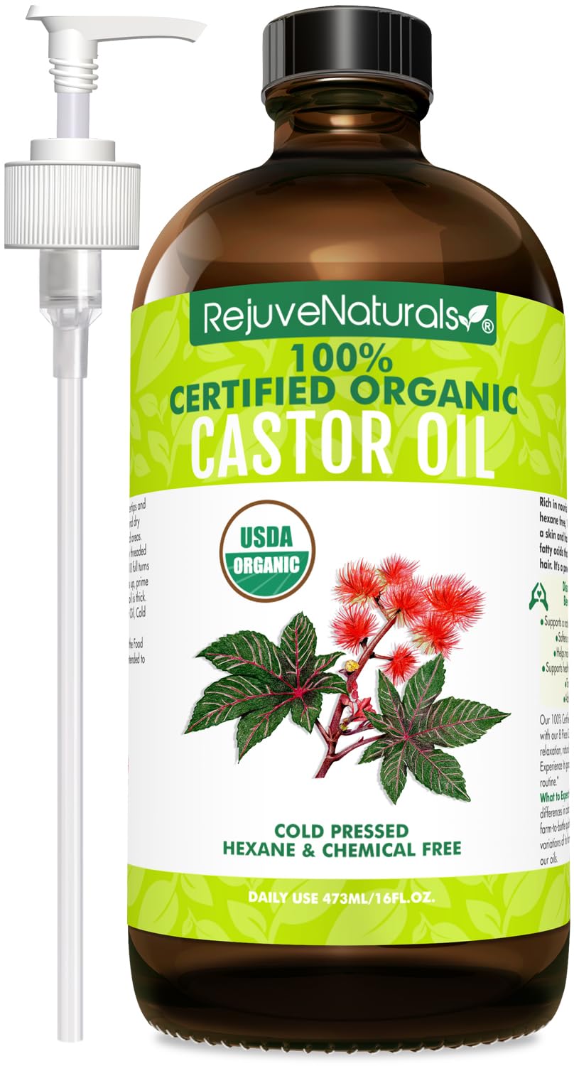 RejuveNaturals Castor Oil (16oz Glass Bottle) USDA Certified Organic, 100% Pure, Cold Pressed, Hexane Free. Boost Hair Growth for Thicker, Fuller Hair, Lashes & Eyebrows.