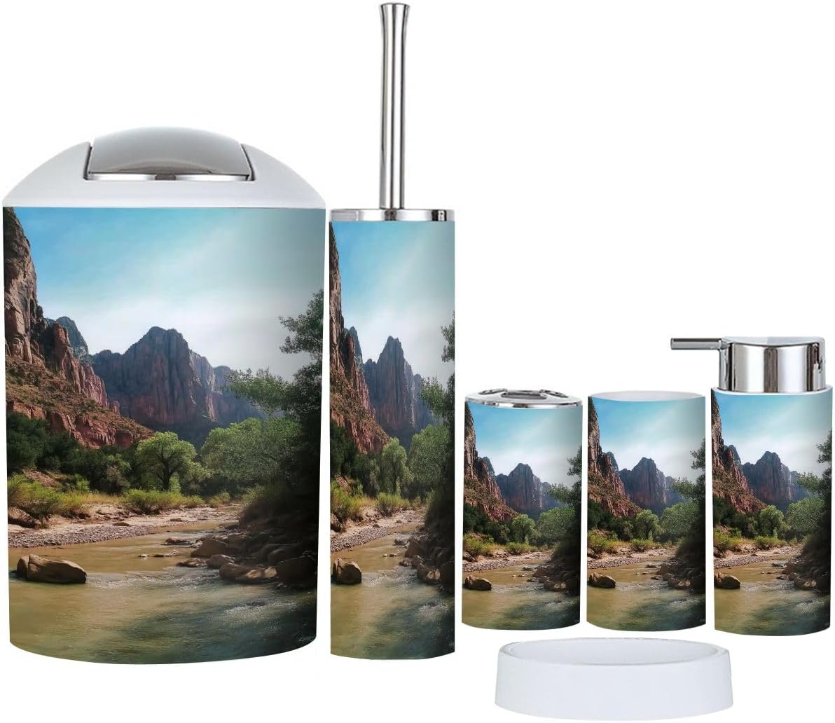 Bathroom Accessory Set 6 Piece American Nature Zion National Park Virgin River Flowing Front Toothbrush Holder, Toothbrush Cup, Soap Dispenser, Soap Dish, Toilet Brush Holder, Trash can