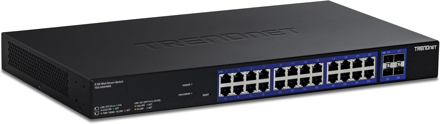 TRENDnet 28-Port Multi-Gig Web Smart Switch, TEG-3284WS, 24 x 2.5G Ports, 4 x 10G SFP+ Ports, Remote Cloud Management, NDAA TAA Compliant, 200Gbs, Lifetime Protection