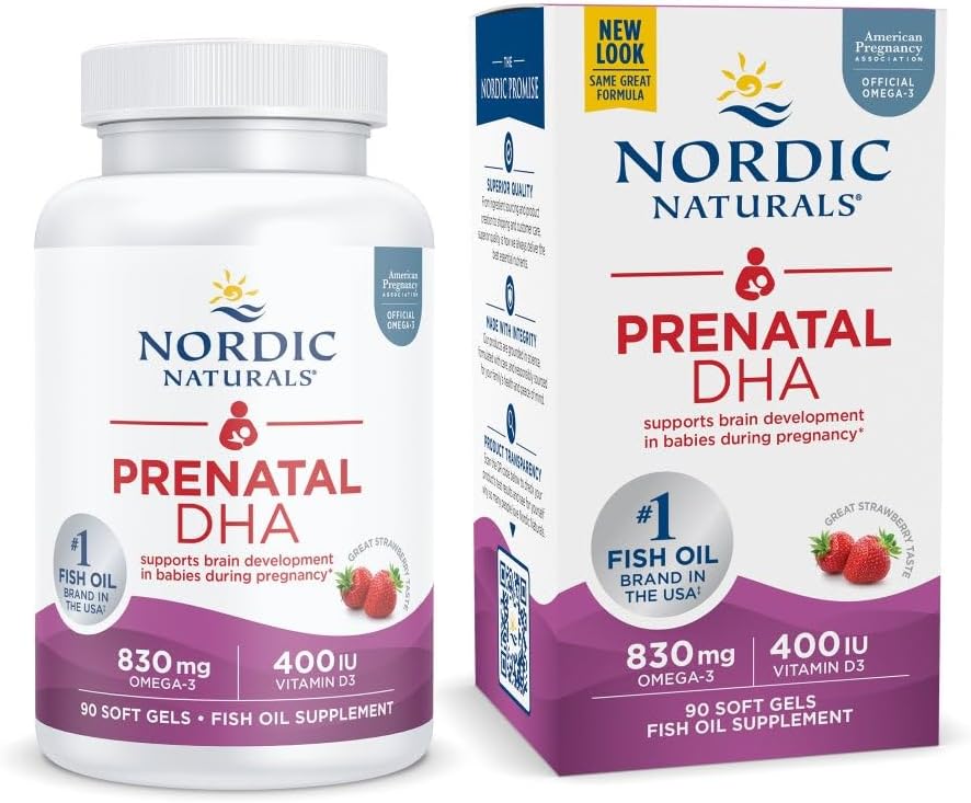 Nordic Naturals Prenatal DHA, Strawberry – 90 Soft Gels – 830 mg Omega-3 + 400 IU Vitamin D3 – Supports Brain Development in Babies During Pregnancy & Lactation – Non-GMO – 45 Servings