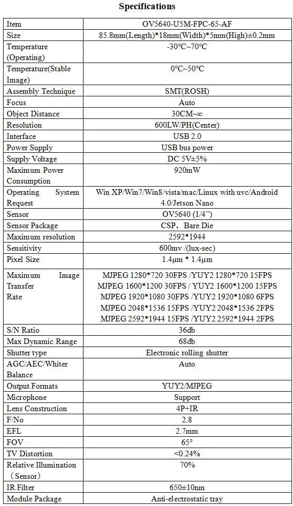 OV5640 USB Camera Module 5MP 2592×1944 Autofocus 65 Degree Camera for Win XP Win7 Win8 Vista Mac Linux Android 4.0 Jetson Nano with Microphone Plug and Play