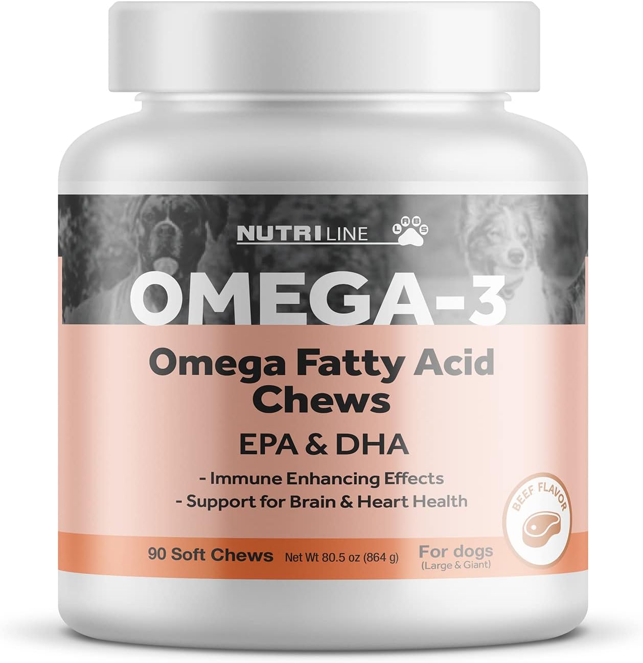 Omega 3 Fatty Acid Soft Chews for Dogs – Fish Oil Supplements with EPA, DHA & Vitamin E – Supports Immunity, Brain & Heart Wellness – Made in The USA – Yummy Beef Flavor – 90 Count