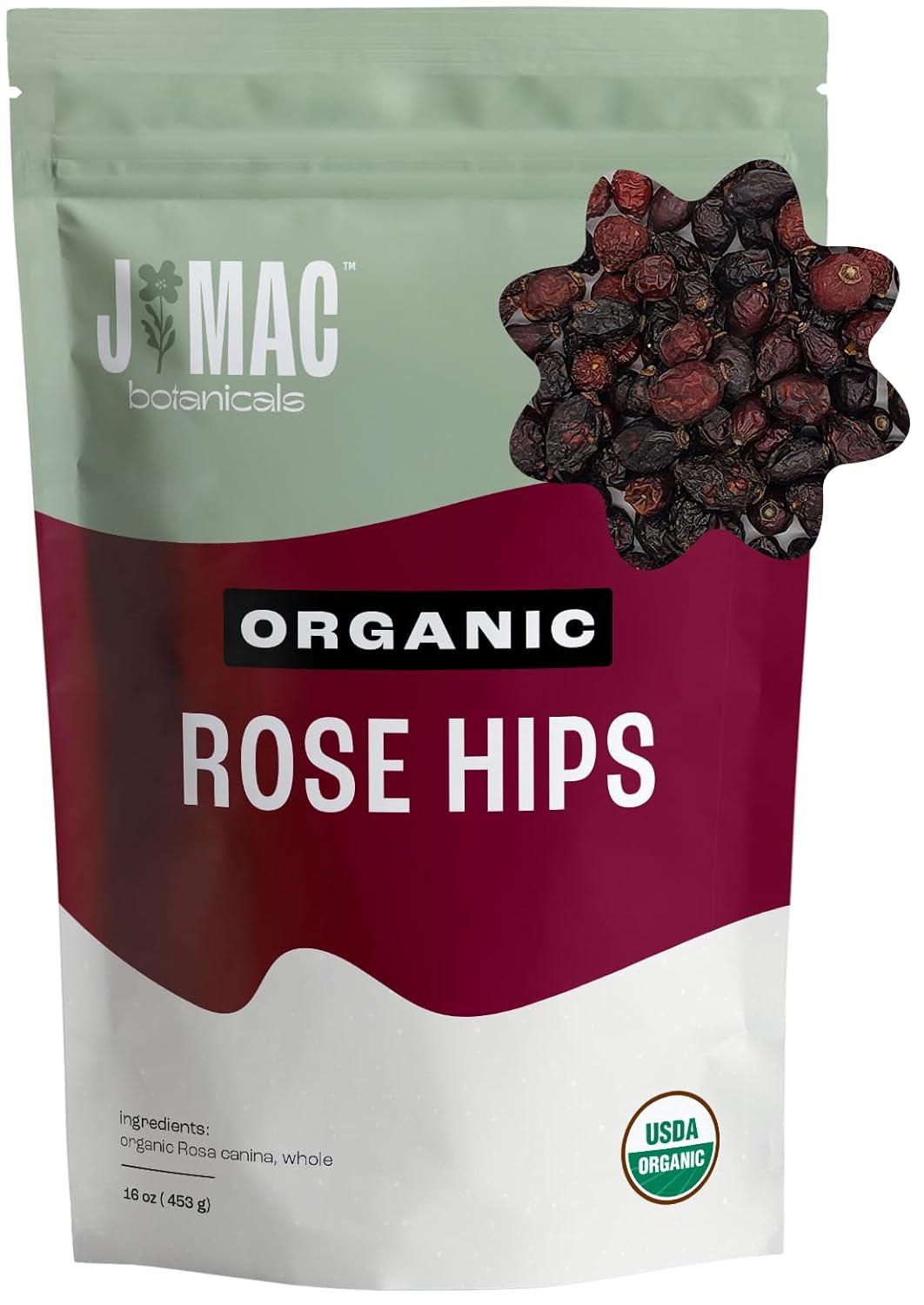 J MAC BOTANICALS Organic Rose Hips (1 Lb Bag) Whole, natural organic dried rose hips for herbal tea, rosehips dried organic, rosehip tea, packaged in the USA