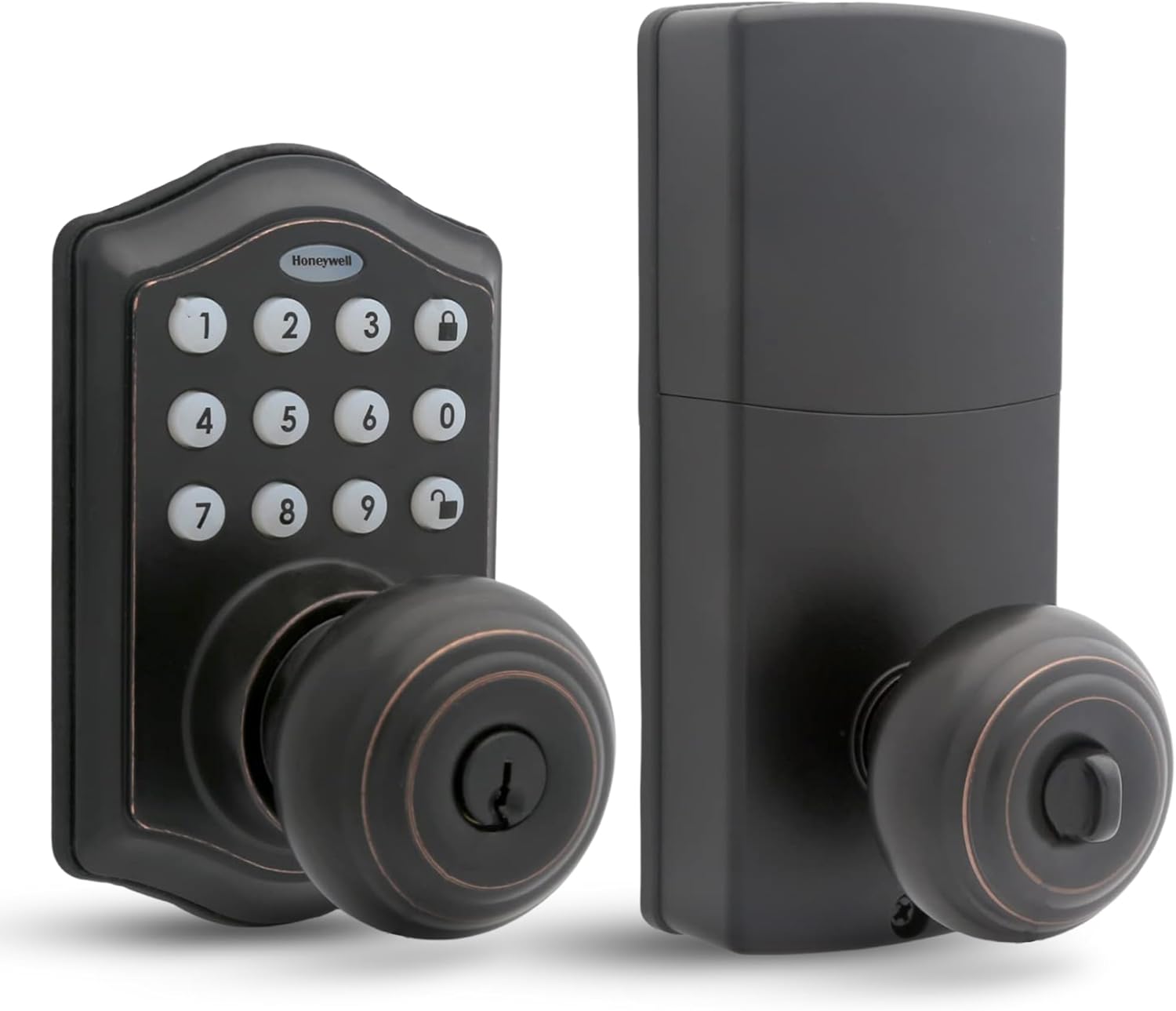 Honeywell Safes & Door Locks – Keyless Entry Smart Electronic Door Knob Lock with Digital Keypad – 50 Different User Pin Codes – Auto Lock & 1 Touch Locking – Oil Rubbed Bronze, 6.5×8.8×9 in – 8732401