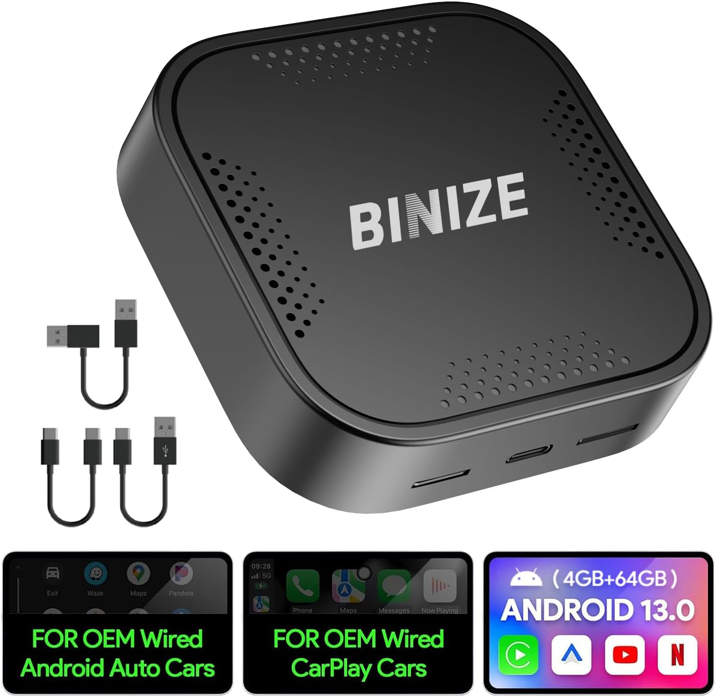 BINIZE Carplay Ai Box Android 13 Android Auto Ai Box 2.0 Wireless Carplay/Android Auto with Video APPS 4G+64GB,8Core, Only Support Car with OEM Wired CarPlay/Android Auto