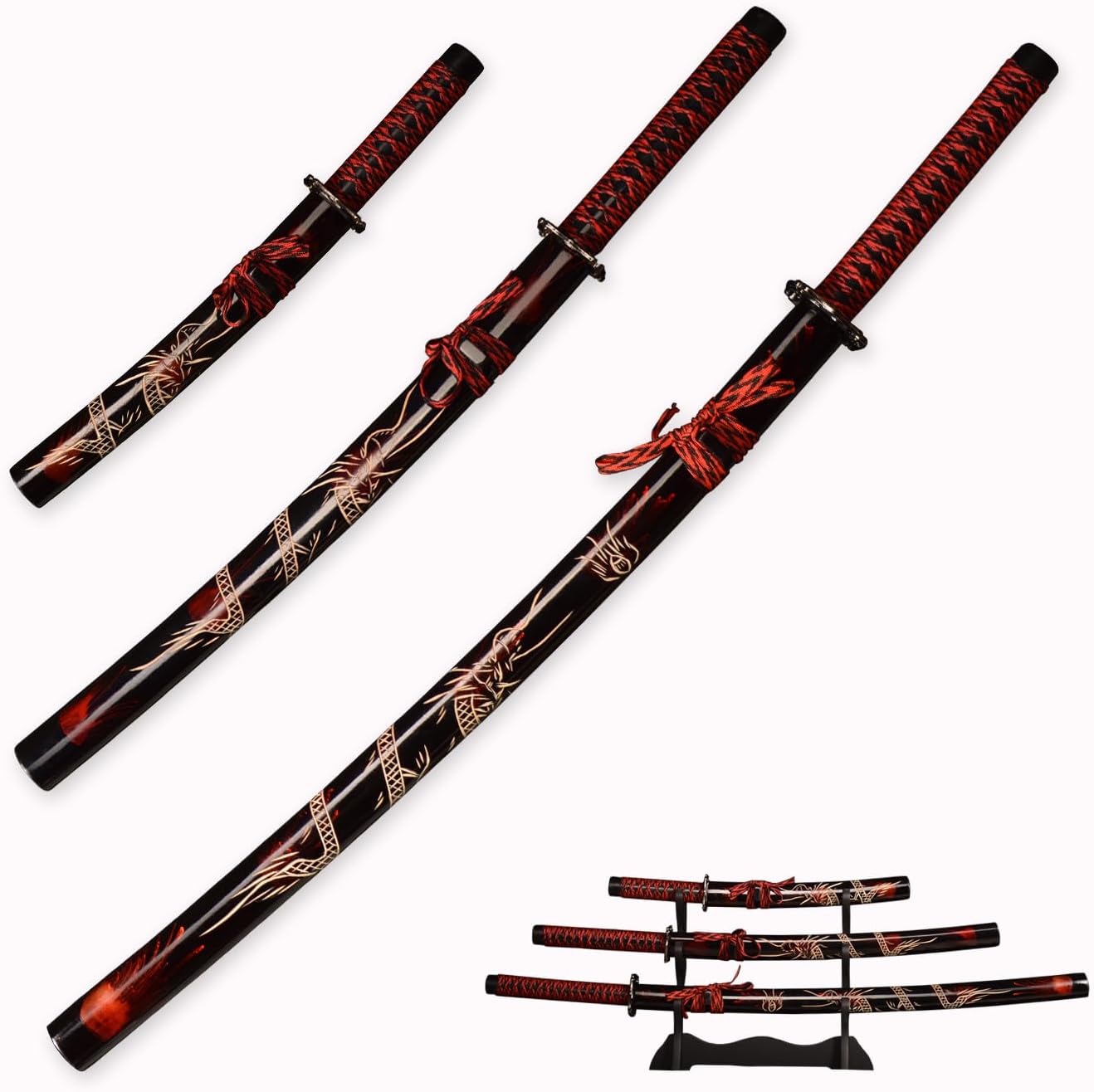 Handmade Japanese Katana 3-Piece Set with Display Stand, Carbon Steel Samurai Sword,Japanese Iaido Katana Four Colors to Choose from