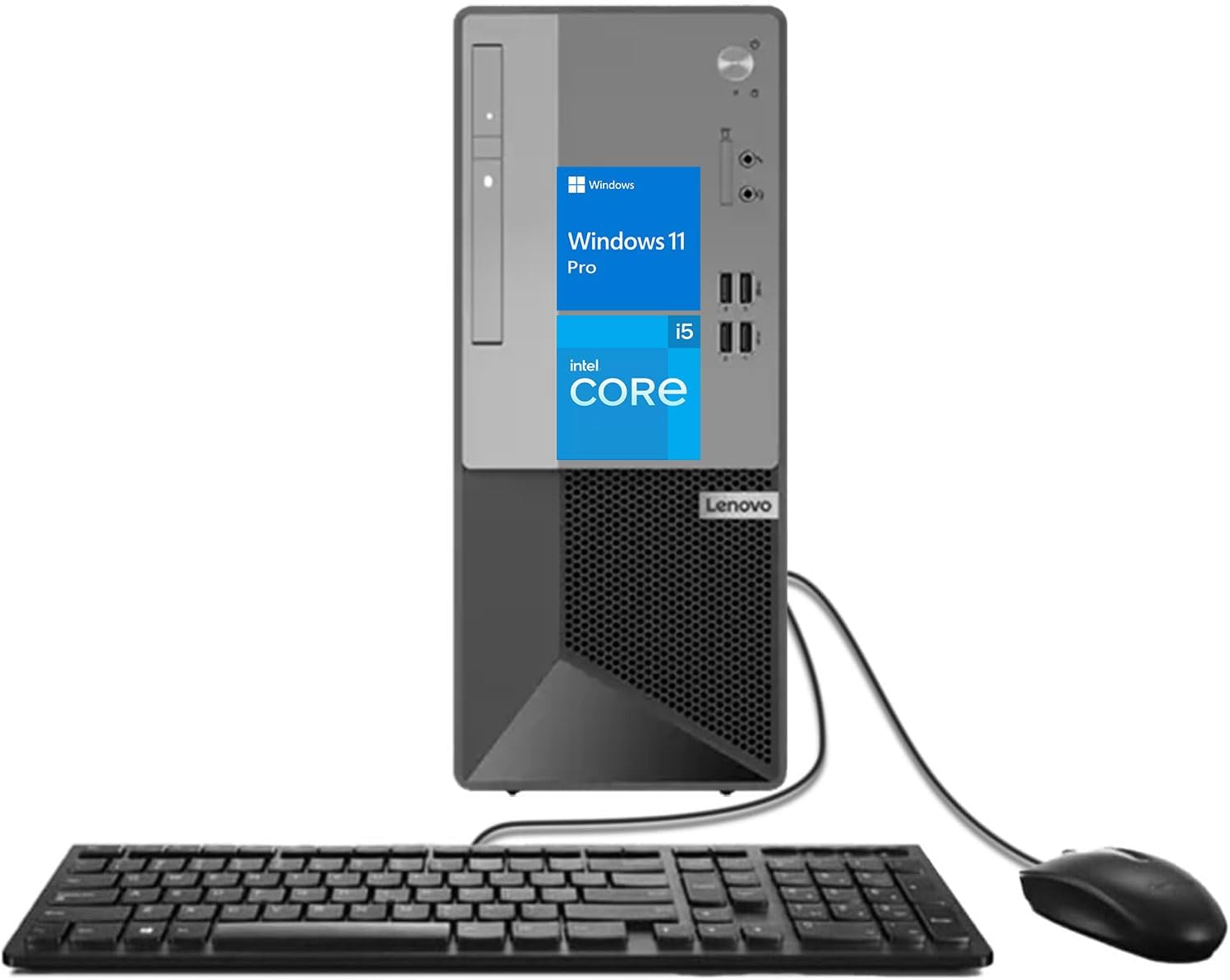 Lenovo V50t Tower Desktop Computer | Intel 6-Core i5 Processor | 32GB RAM | 1TB SSD | DVD-RW | 2-Monitor Support 4K | HDMI | RJ-45 | VGA | Wi-Fi | Wired Keyboard & Mouse | Windows 11 Pro | Black