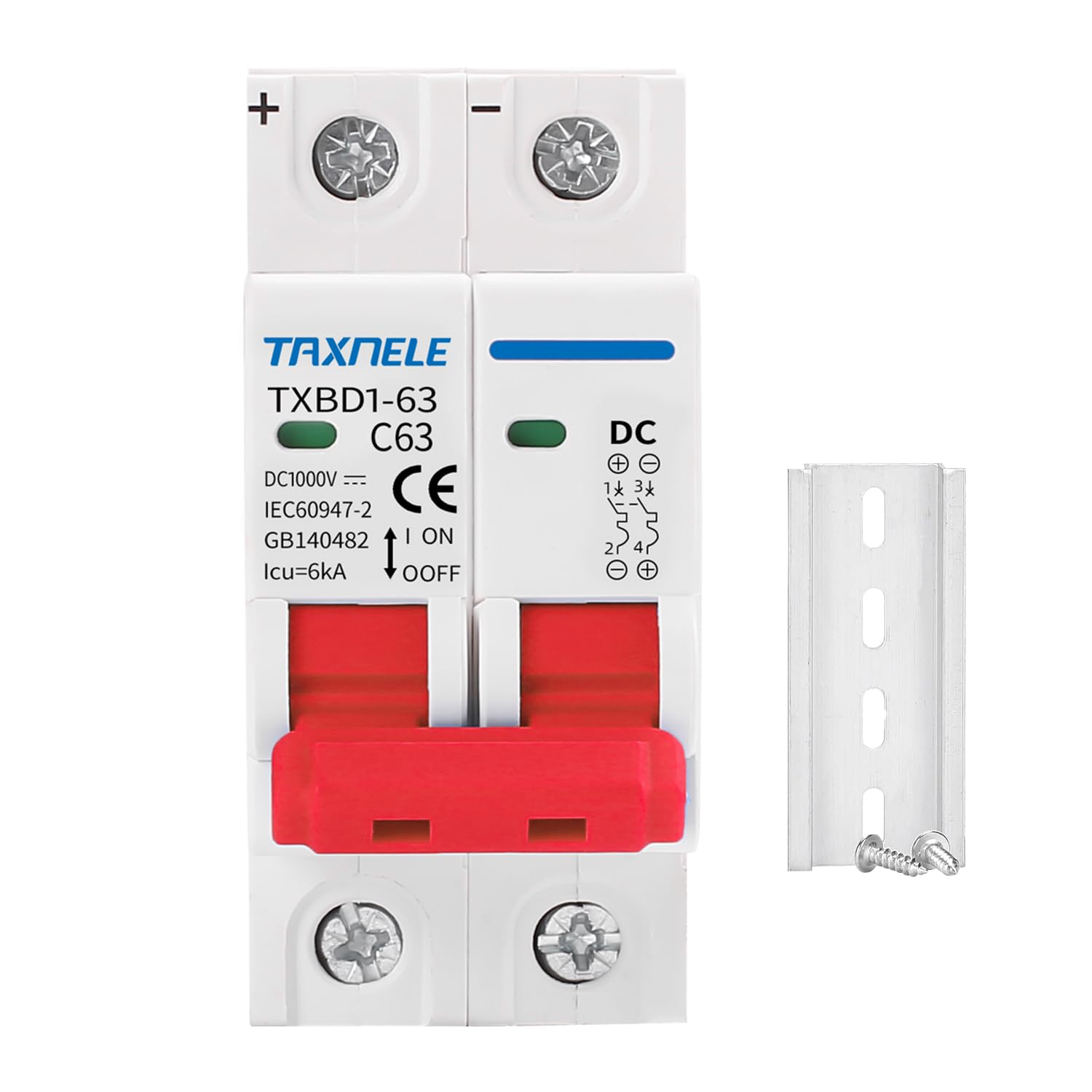 DC Miniature Circuit Breaker 2P 1000V 63A Solar Mini Circuit Breaker Battery Switch Thermal Magnetic Trip DIN Rail Mount DC Disconnect Switch DC MCB for Photovoltaic PV System (16A)