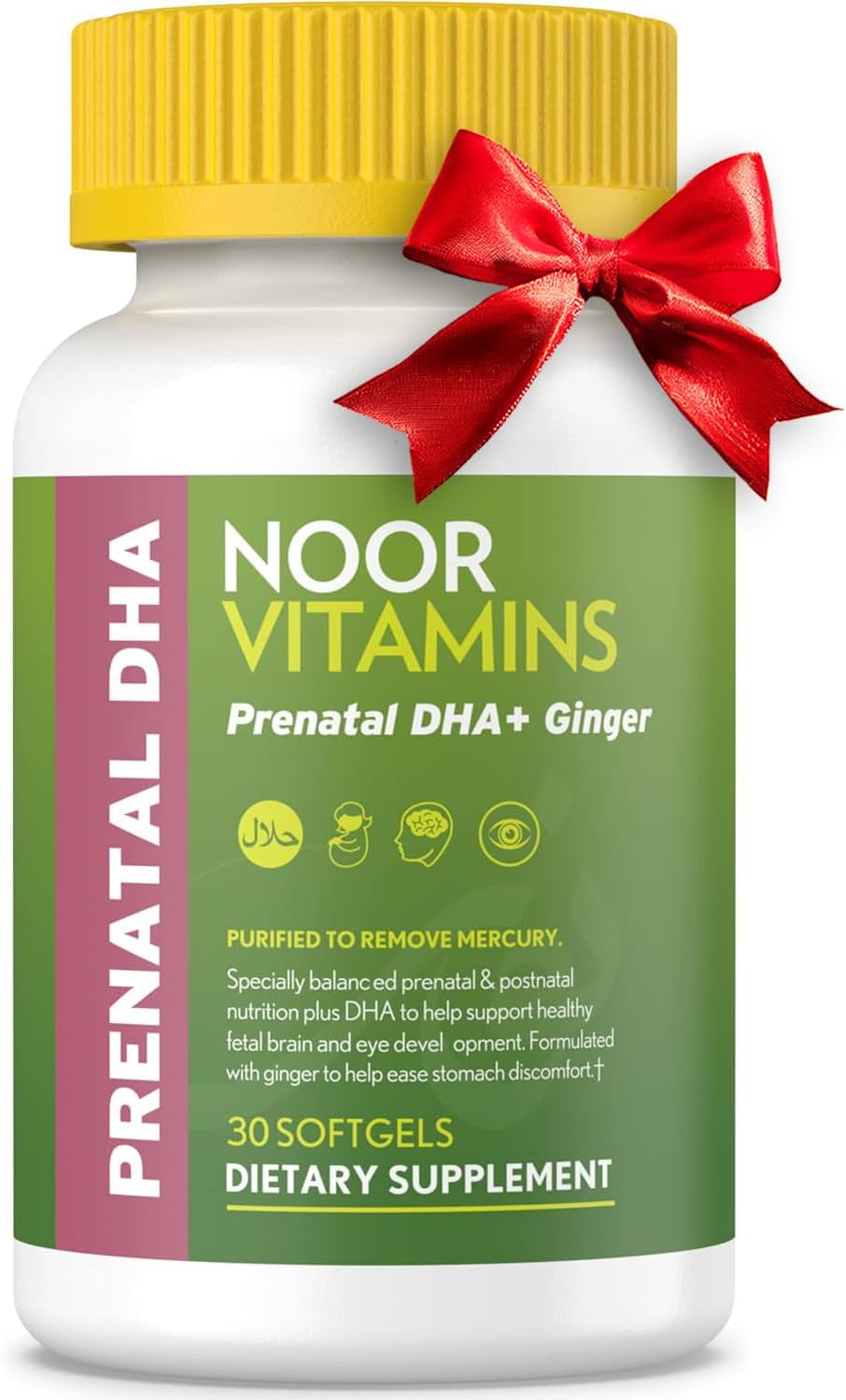 Noor Vitamins Halal Prenatal Vitamins with DHA and Folic Acid, Essential Vitamins, Ginger to Soothe Mom’s Stomach, Iron, Softgels, Prenatal Vitamin Before/During/Post Pregnancy (1 Month Supply)