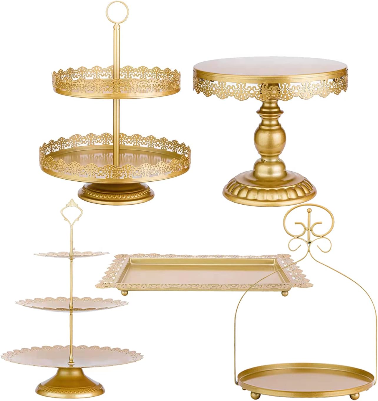 ZUMELER Gold 5Pcs Cake Stands Set Metal Round Cupcake Holder Cookies Dessert Display Plate Serving Tower Tray Platter with Handl for Baby Shower Wedding Birthday Party Celebration