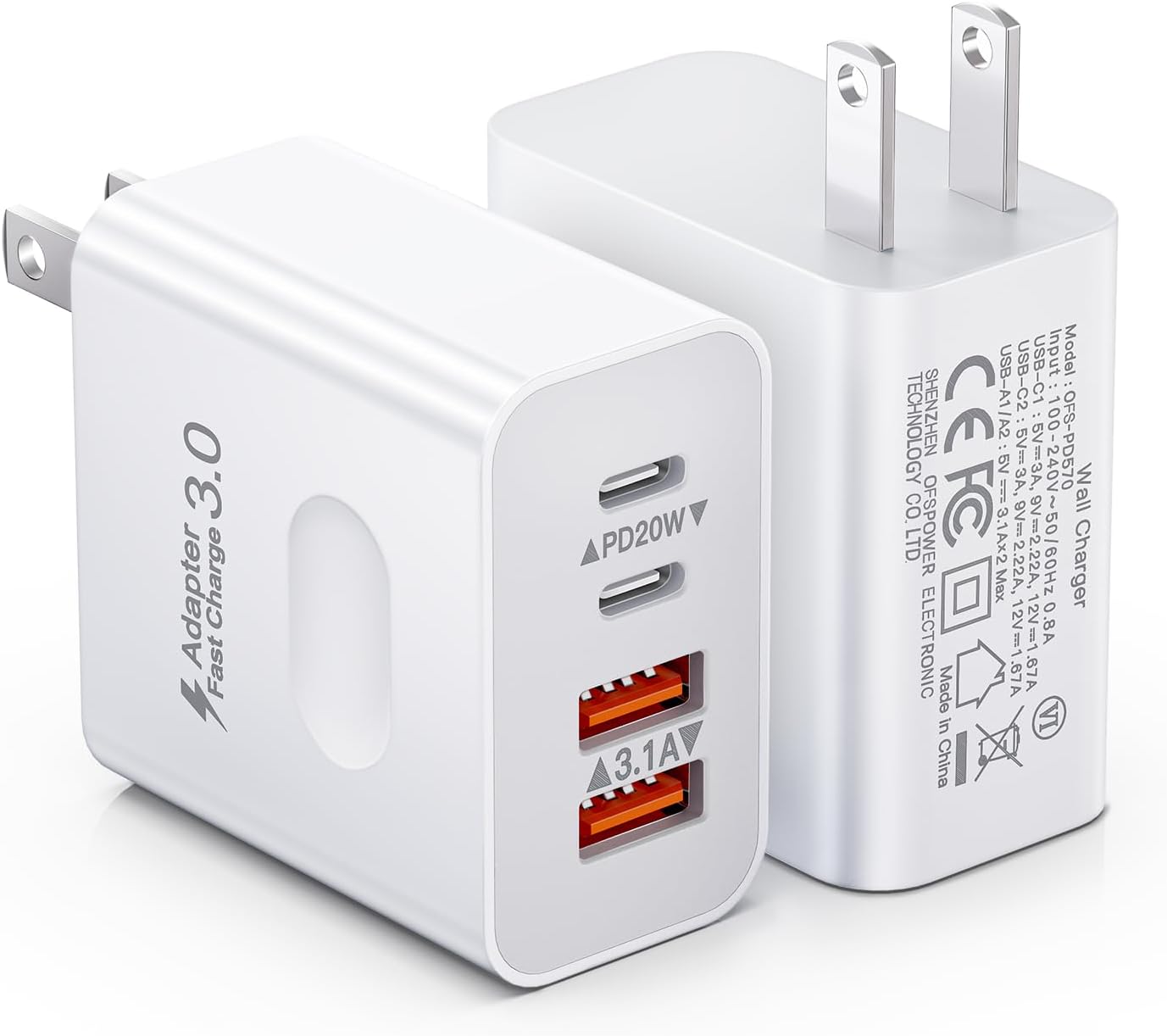 [2-Pack] USB C Wall Charger, 40W 4-Port Fast Charging Block USB C Charger Dual USBC Power Adapter + QC Wall Plug Multiport Brick Type C Block for iPhone 15/14/13/12/11/Pro Max/XS/XR, iPad, Samsung