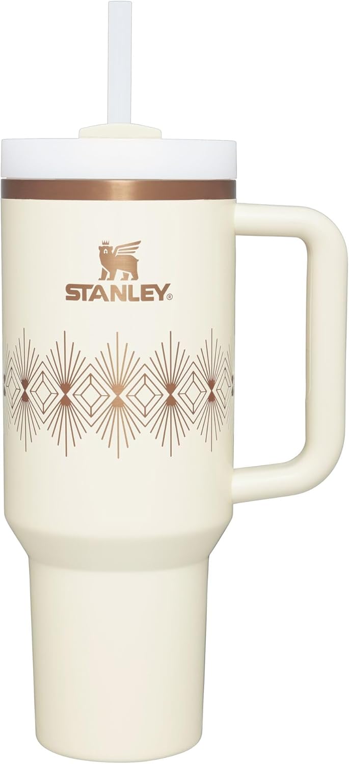 STANLEY Quencher H2.0 Tumbler with Handle & Straw 40 oz Deco Collection | Twist On 3-Way Lid | Cupholder Compatible for Travel | Insulated Stainless Steel Cup | BPA-Free | Cream Gloss Deco