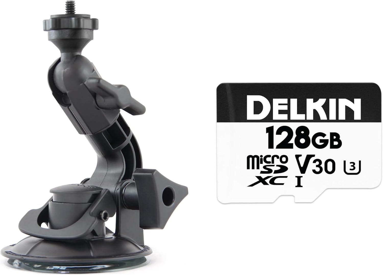 Delkin Devices Fat Gecko Mini Suction Camera Mount + Hyperspeed 128GB Micro SD Card with Adapter, Up to 100MB/s Read