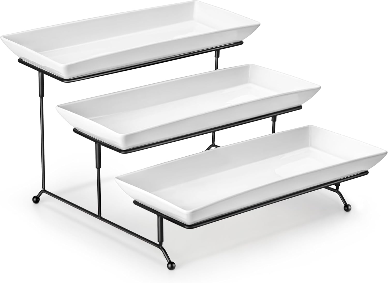 MALACASA 3 Tier Serving Trays for Party, Porcelain Serving Platters and Trays, 14 Inch Tiered Tray Stand, Fruit Tray, Trays for Serving Food, White Dessert Stand with Collapsible Sturdier Metal Rack