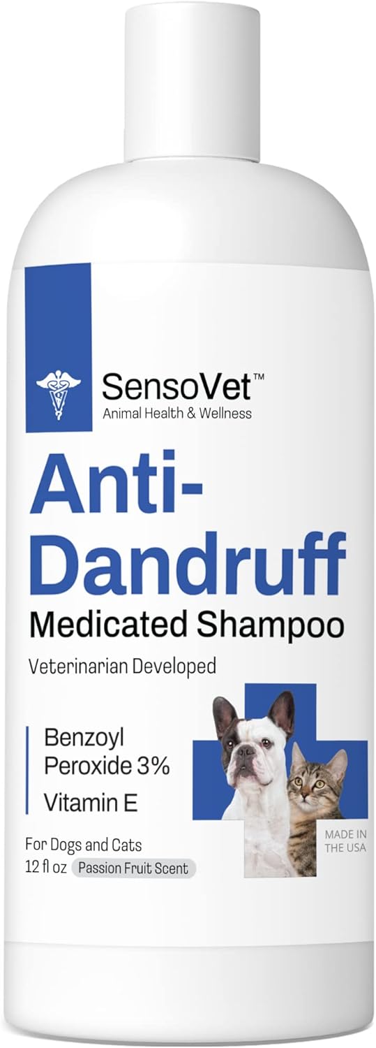 Dandruff Shampoo for Cats & Dogs – Benzoyl Peroxide with Vitamin E – Medicated Treatment for Itchy & Dry Skin, Seborrhea, Mange, Folliculitis, Dermatitis, Acne, Flakes & Skin Scaling – 12oz