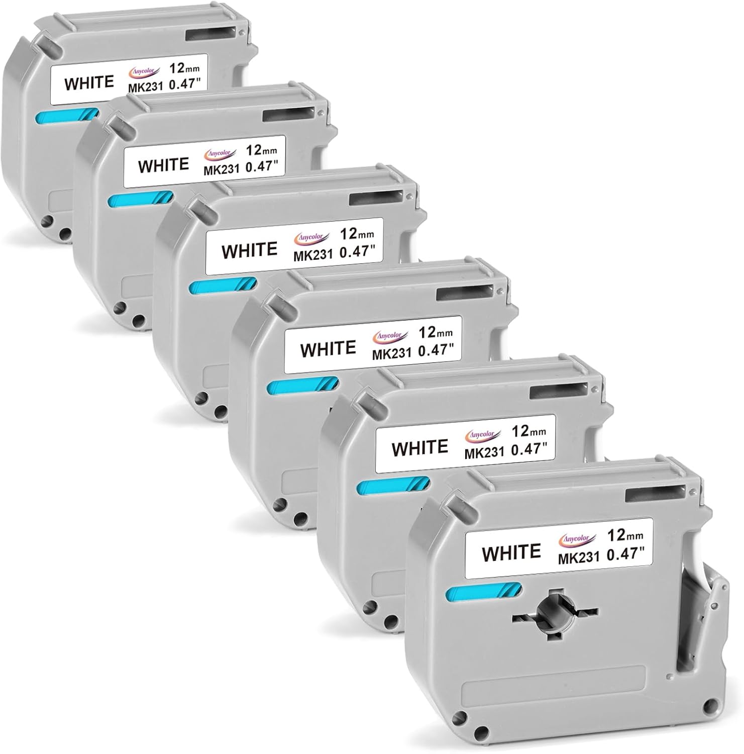 Anycolor 6-Pack Compatible with M-K231 Brother Label Tape Replacement for P Touch M Tape M231 M-231 MK231 M-K231s 12mm 0.47 White Tape Work for PT-M95 PT-90 PT70BM PT-45M 65 Label Maker Tape