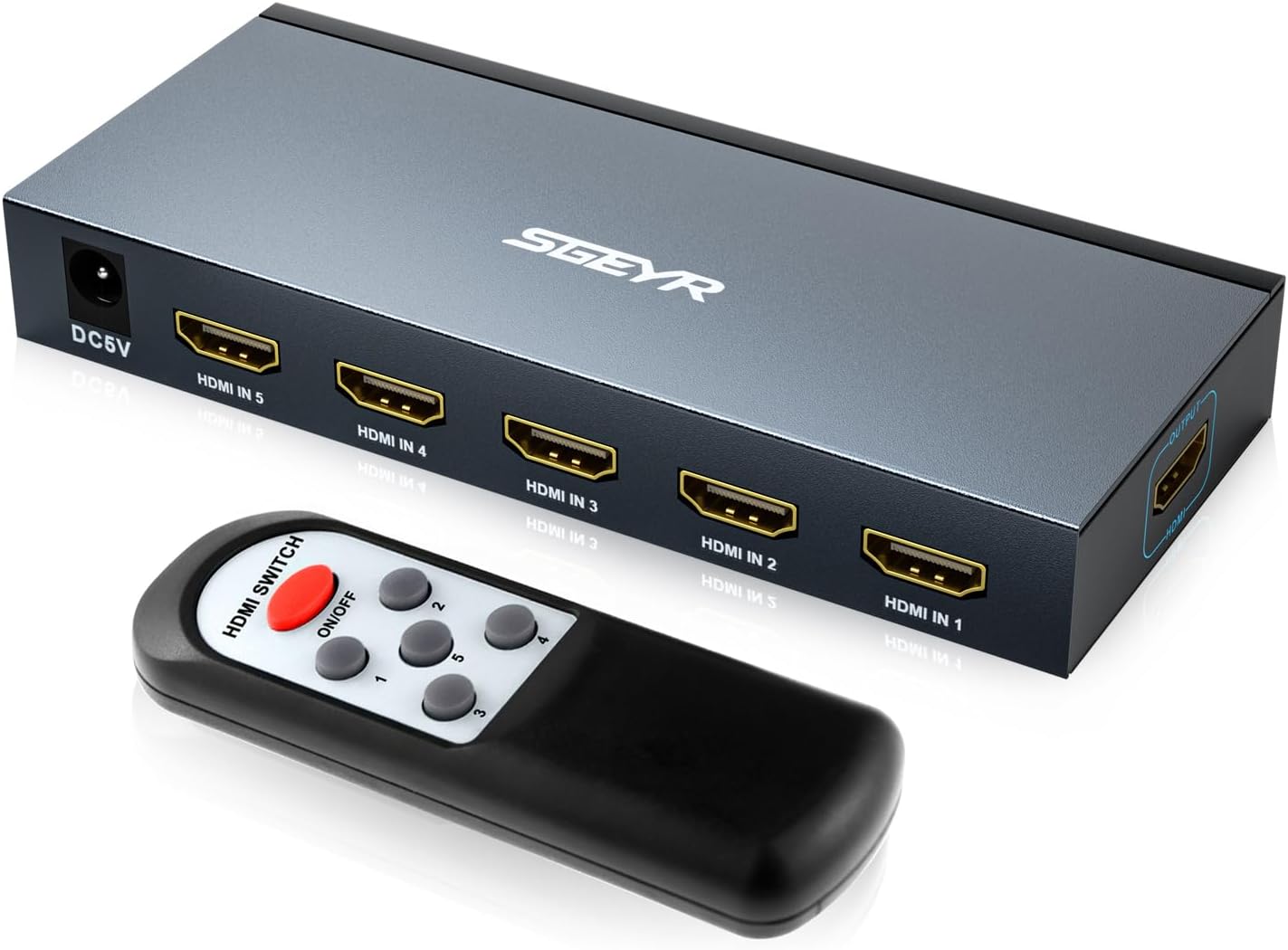 HDMI Switch SGEYR 5×1 HDMI Switcher 5 in 1 Out Multiple HDMI HUB 5 Port Box with IR Remote Control HDMI 1.4 HDCP 1.4 Support 4K@30Hz Ultra HD 3D 2160P 1080P(Grey)