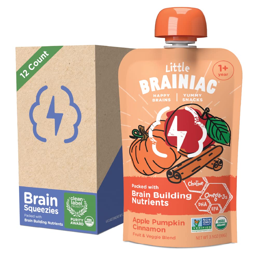 Little Brainiac Organic Fruit & Veggie Toddler Pouches, Apple, Pumpkin, Cinnamon Puree with Omega-3s DHA/EPA and Choline, Clean Label, BPA-Free, Non-GMO, 3.5 oz, Pack of 12