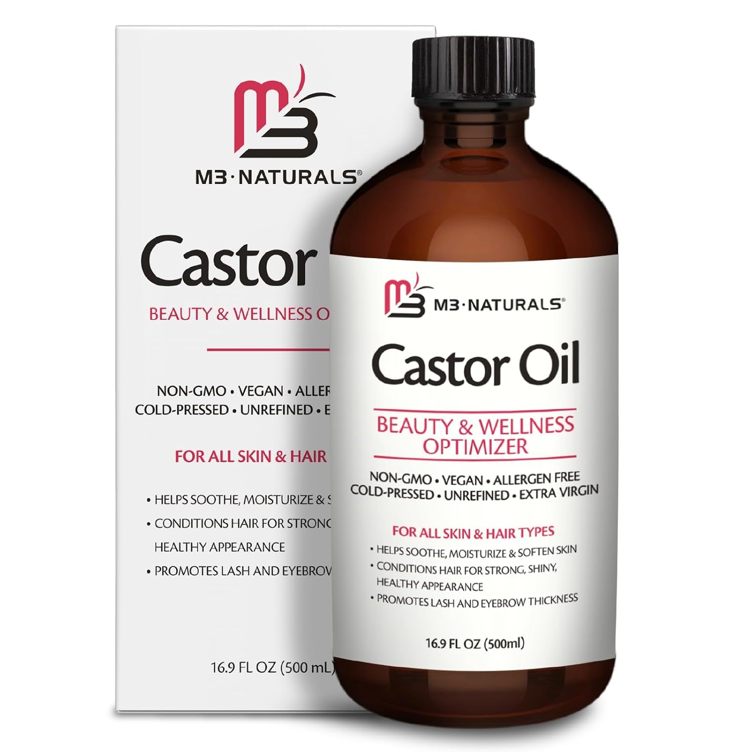 100% Pure Castor Oil 500mL – Hexane Free Cold Pressed Castor Oil in Glass Bottle for Hair Skin & Body Nourishment – Extra Large Unrefined Castor Oil for Hair Lashes Brows Skin and Detox Practices