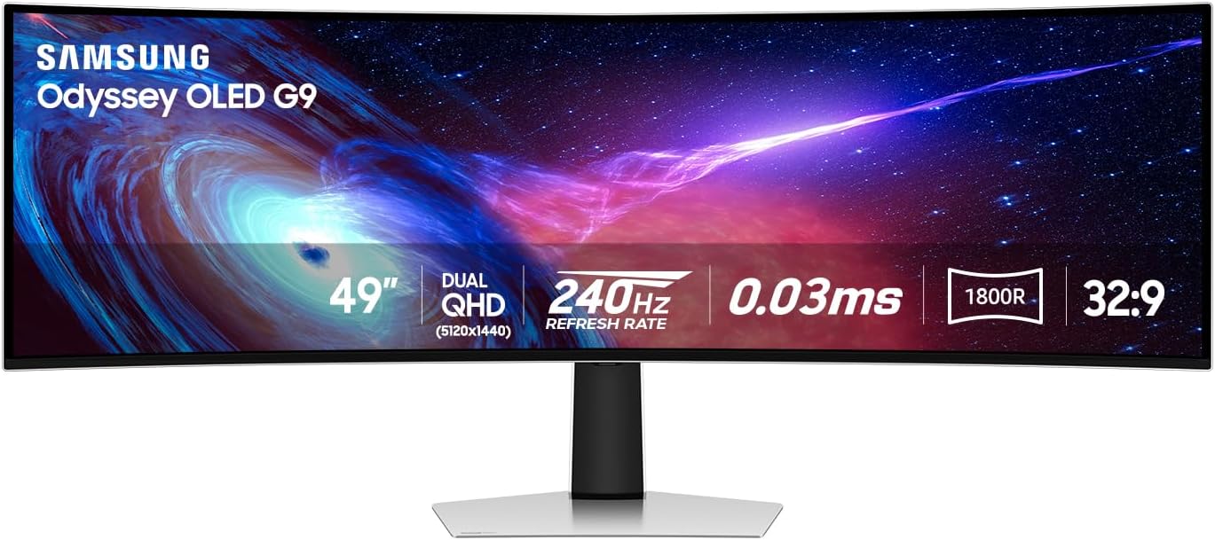 SAMSUNG 49″ Odyssey OLED (G93SC) Series Curved Gaming Monitor, 240Hz, 0.03ms, Dual QHD, DisplayHDR True Black 400,AMD FreeSync Premium Pro, Height Adjustable Stand,3 Year Warranty,LS49CG932SNXZA,2023