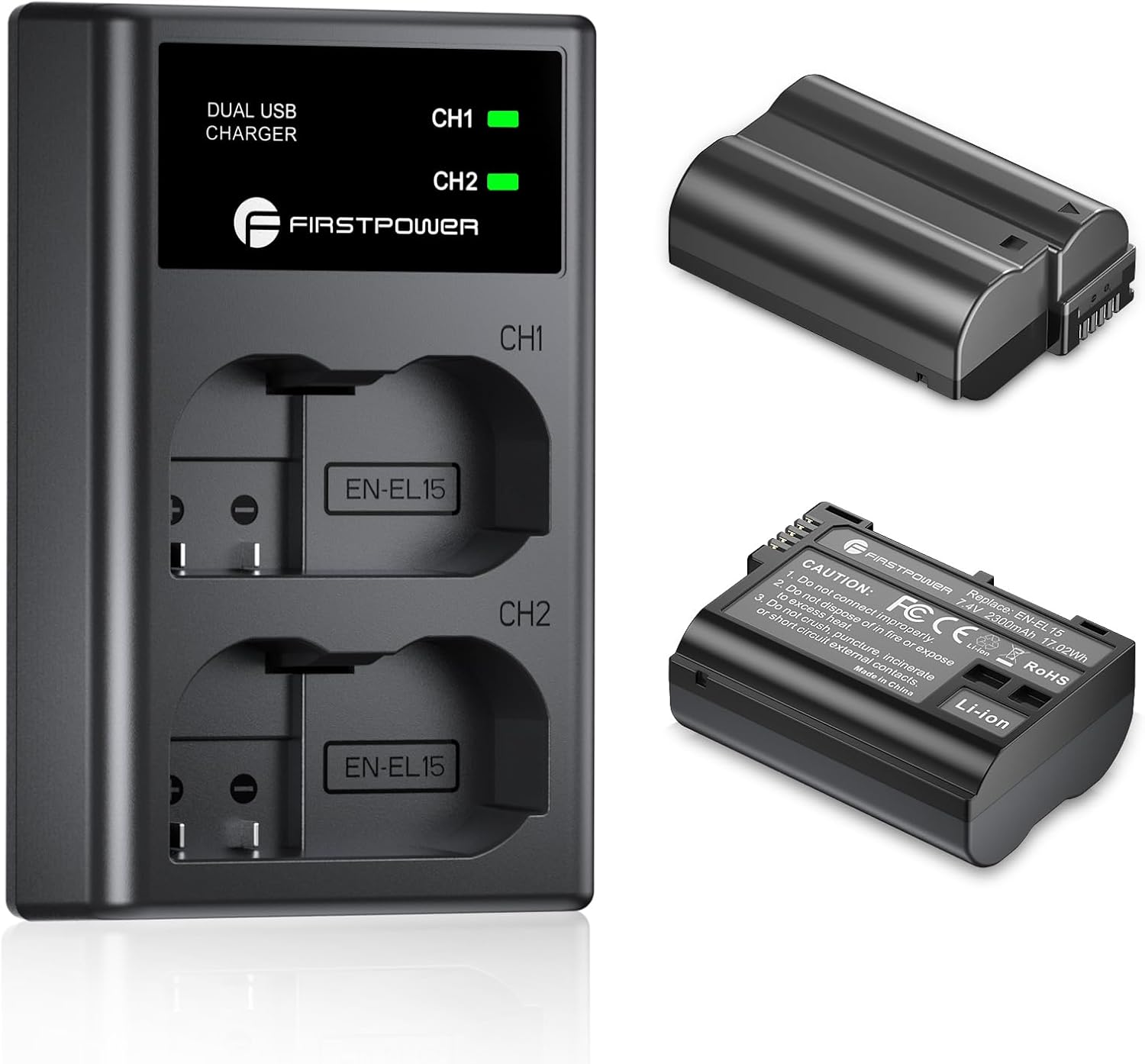 FirstPower EN-EL15 /EL15a/EL15b/EL15c Batteries 2-Pack and USB Dual Charger Compatible with Nikon Z6 Z7 D750 D850 D7000 D7100 D7200 D7500 D500 D600 D610 D780 D800 D800e D810 D810a Cameras