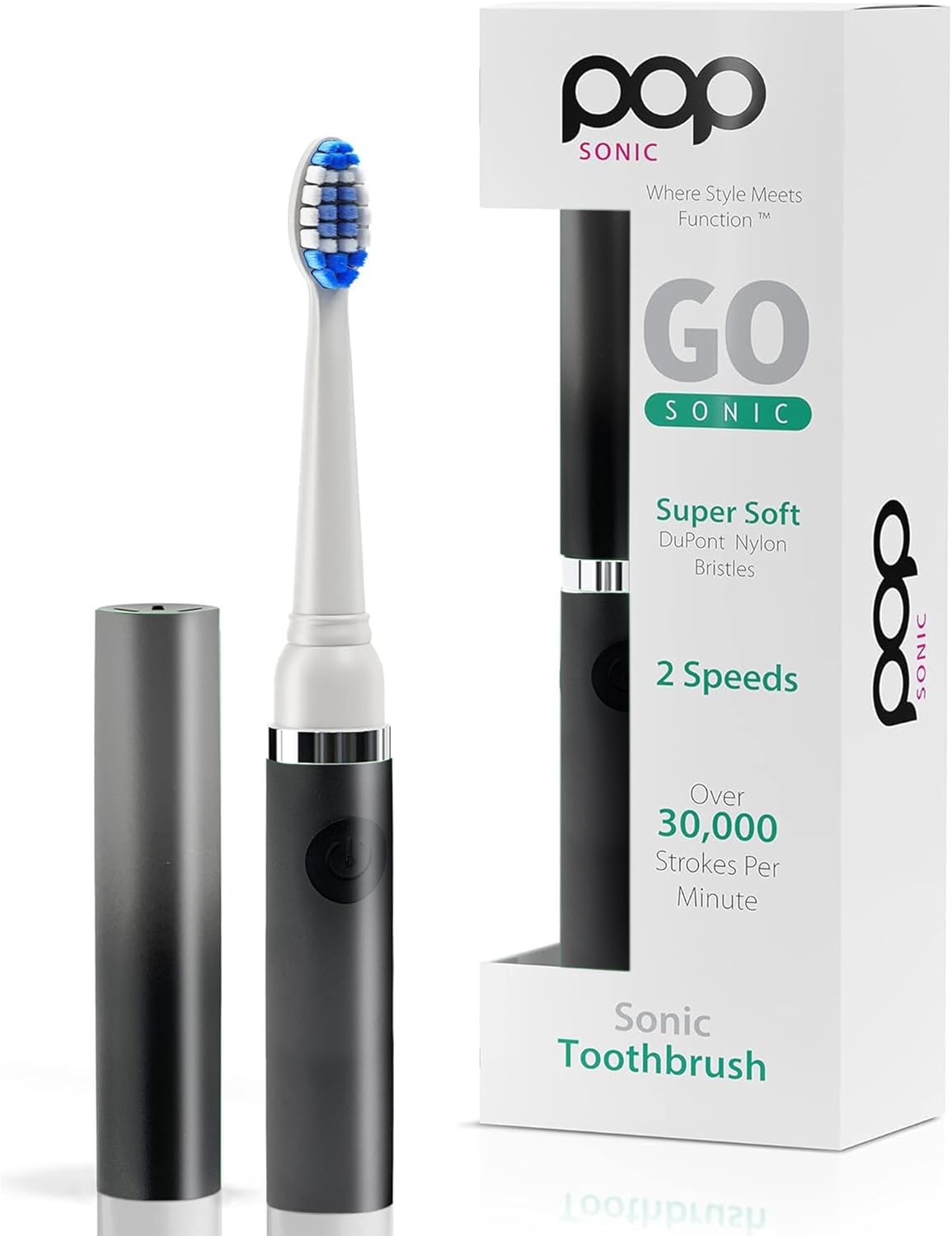 Pop Sonic Electric Toothbrush (Ombre) – Travel Toothbrushes w/AAA Battery | Kids Electric Toothbrushes with 2 Speed & 15,000-30,000 Strokes/Minute, Dupont Nylon Bristles (Ombre Black)