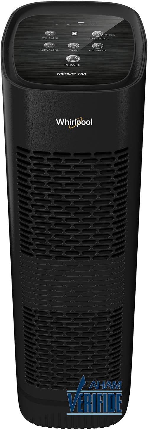 Whirlpool, WPT80B Whispure True HEPA Air Purifier, Activated Carbon Advanced Anti-Bacteria, Ideal for Allergies, Odors, Pet Dander, Mold, Smoke, Wildfire, and Germs, Large, Black