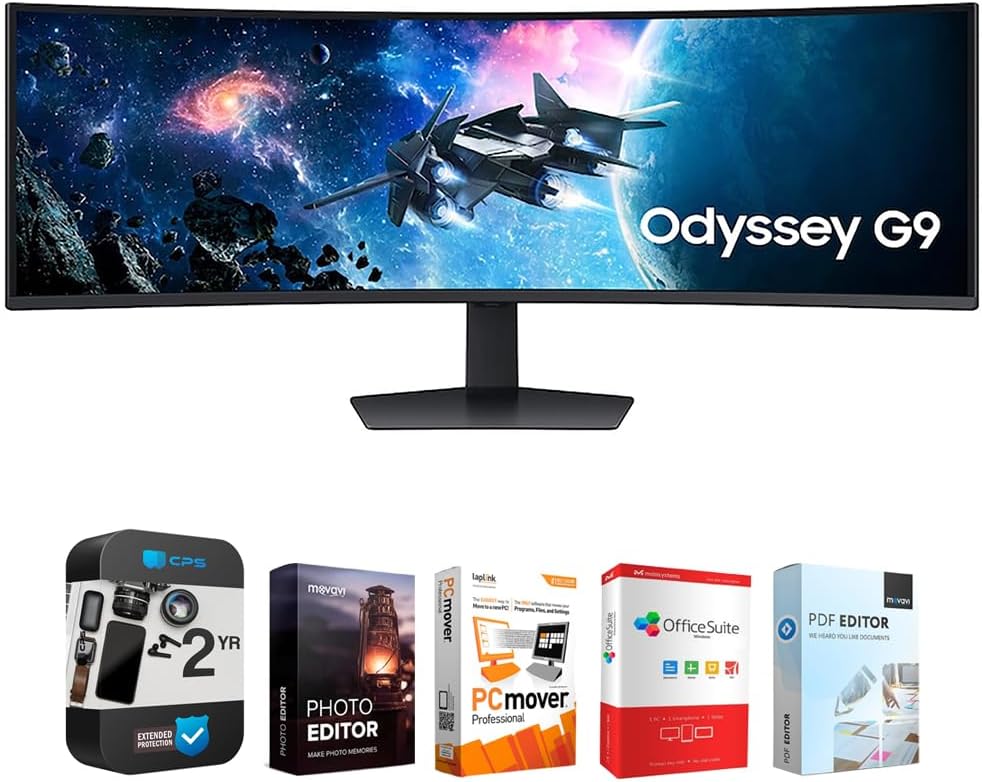 SAMSUNG 49″ Odyssey G9 G95C DQHD 240Hz DisplayHDR 1000 Curved Gaming Monitor Bundle with Tech Smart USA Elite Suite 18 Standard Editing Software Bundle + 1 Year CPS Enhanced Protection Pack