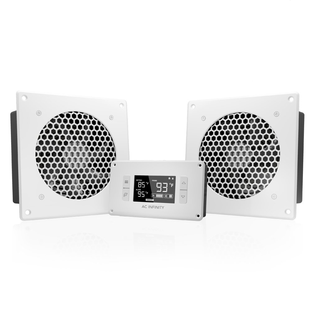 AC Infinity AIRPLATE T8 White, Quiet Cooling Dual-Fan System 6″ with Thermostat Control, for Home Theater AV Cabinets