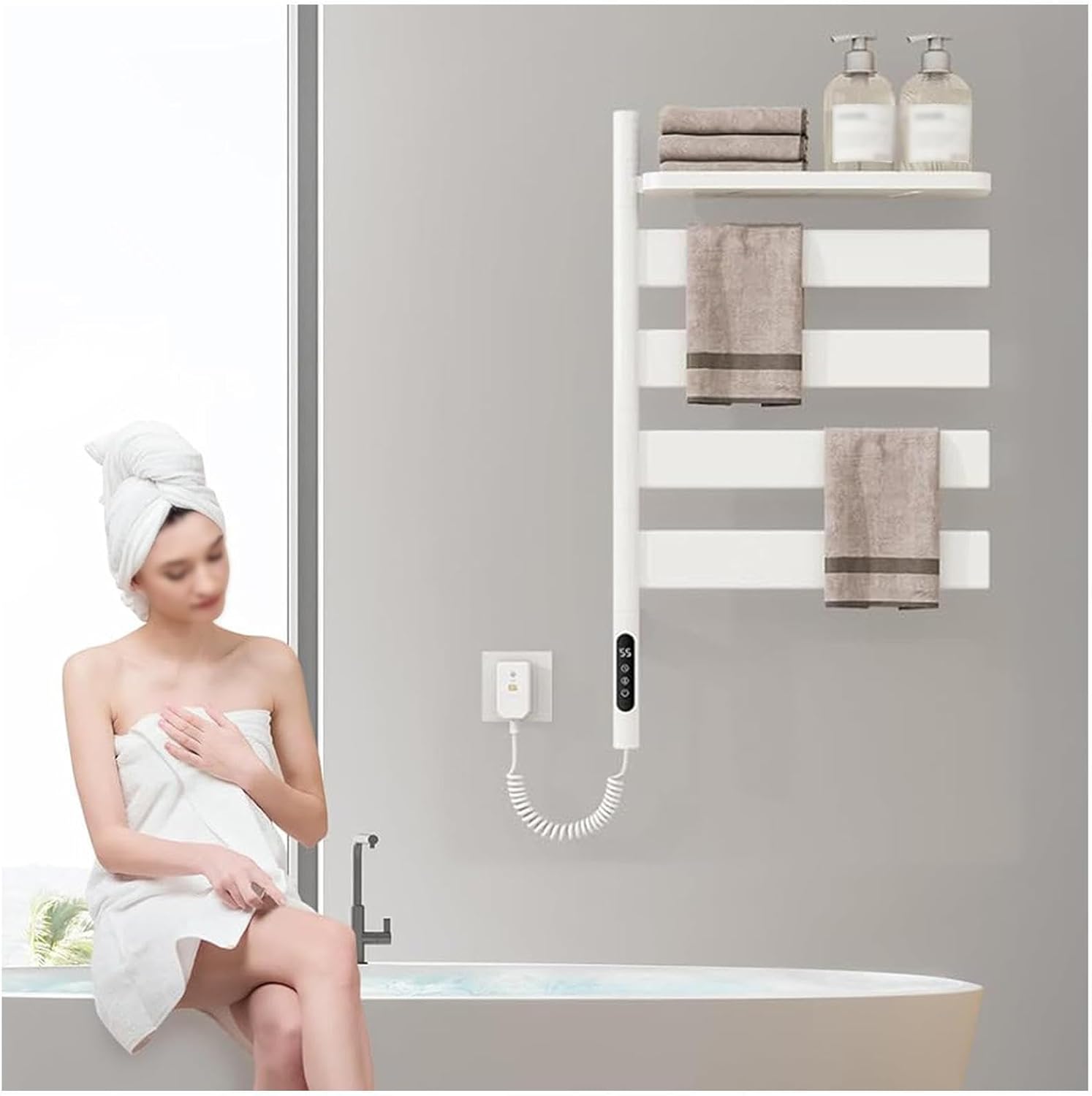 Electric Towel Warmer Rotatable 180°, Heated Towel Rack Freestanding with Intelligent Touch Screen Timer, Fast Heating, Towel Heater for Bathroom Plug-in/Hardwired,White